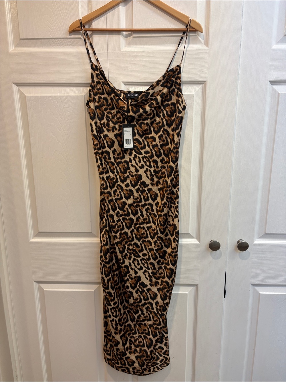 NWT Brunette The Label Leopard-Print Slip Maxi Dress in Brown & Black